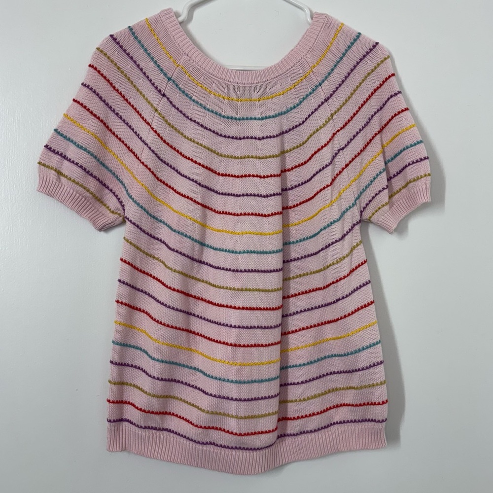 Joseph A. Pink Knit Top Sweater Short Sleeve Colorful Stripe Women Large Petite